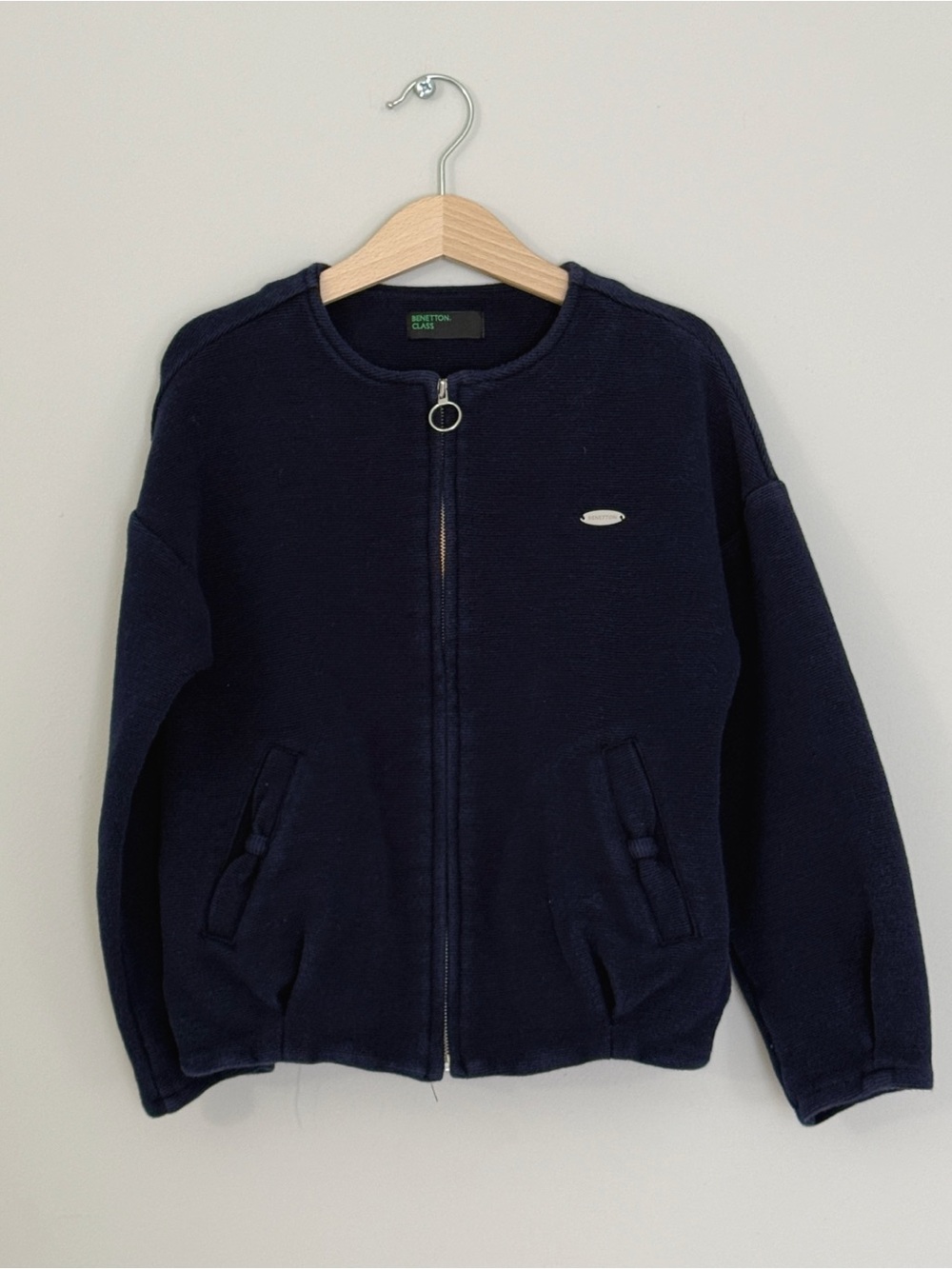 Benetton Class Girls Navy Zip Front Jacket Size S (6/7) Casual Knit Sweater Coat